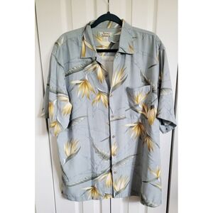 Tommy Bahama M Mens 100% Silk Palm Fronds Hawaiian Camp Shirt Gray‎ Gold SS